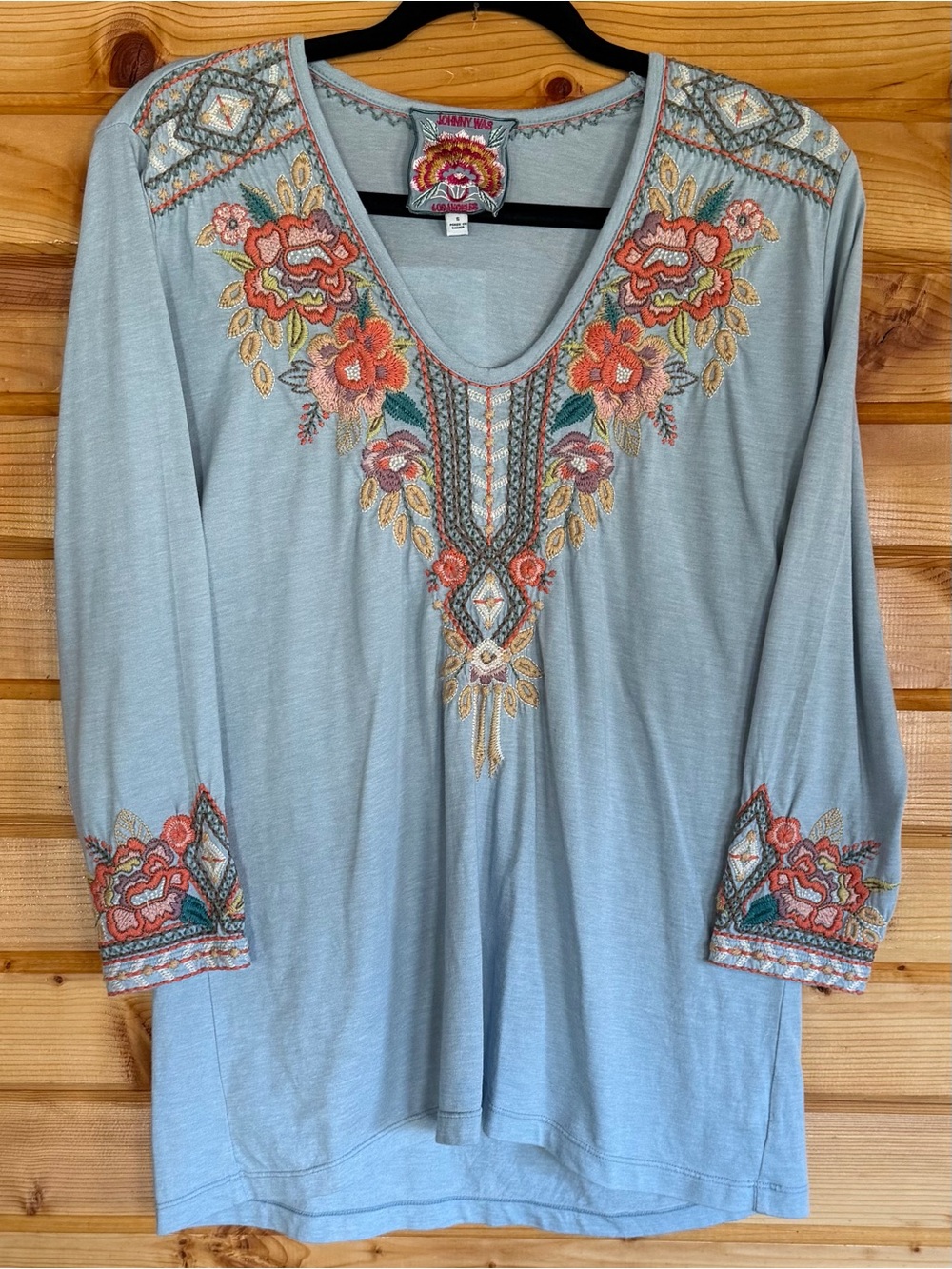 Johnny Was Light Blue Embroidered Maeve Top